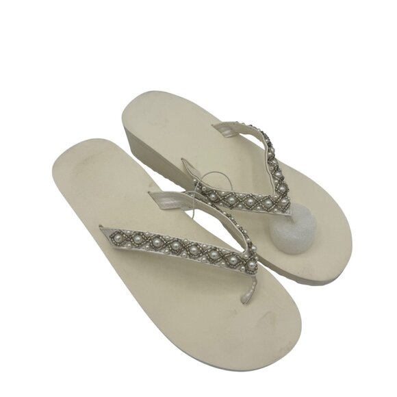 Davids Bridal McKenna Ivory Beaded Pearl Embellished Wedge Flip Flops - Picture 2 of 4